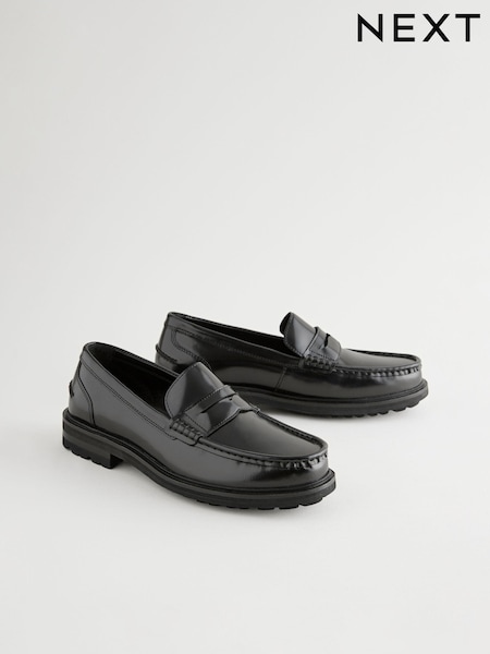 Black Leather Cleated Sole Penny Loafers (AA8139) | £60