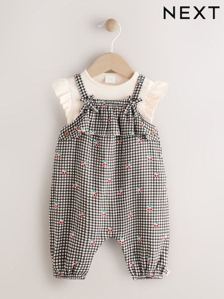 Black/White Gingham Cherry Baby Short Sleeve Bodysuit and Dungaree Set (0mths-2yrs) (AA8190) | £20 - £22