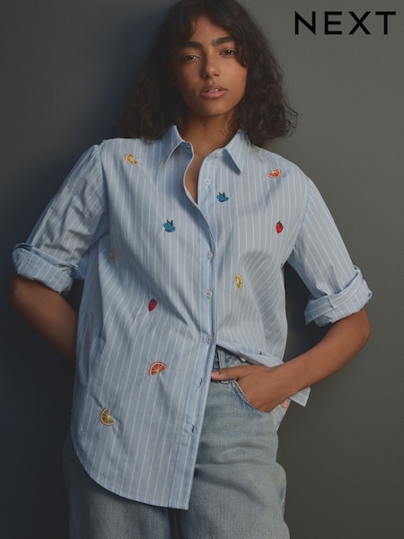 Blue/White Stripe Fruit Embroidered Long Sleeve 100% Cotton Shirt (AA8211) | £38