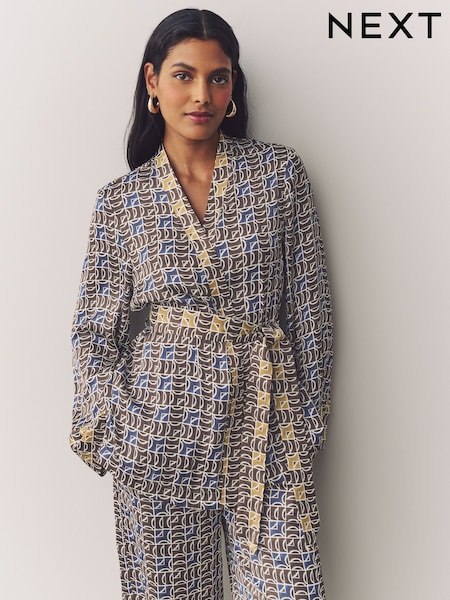 Blue/Brown Geometric Print Satin Textured Drape Kimono (AA8228) | £42