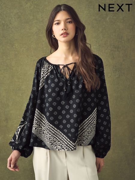 Navy/Cream Floral Print Boho Boat Neck Long Sleeve Top (AA8240) | £34