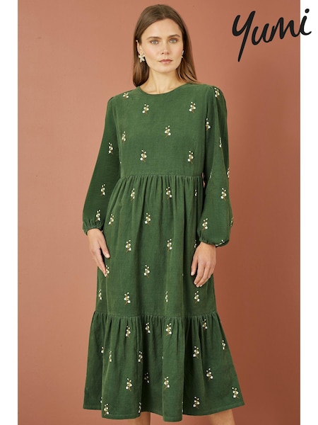 Yumi Green Long Sleeve 100% Cotton Midi Dress With Floral Print Embroidery (AA8589) | £65