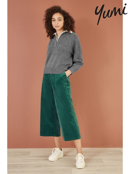 Yumi Green Corduroy Cropped Wide Leg Trousers With Pockets (AA8592) | £56
