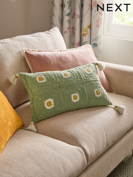 Sage Green Floral Daisy Crochet Cushion (AA8768) | £18