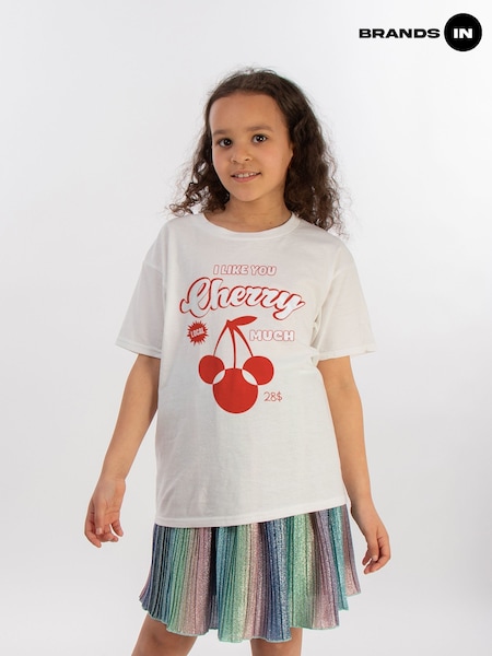 Brands In White Girls Disney Mickey Mouse Cherry Logo 100% Cotton T-Shirt (AA8838) | £20