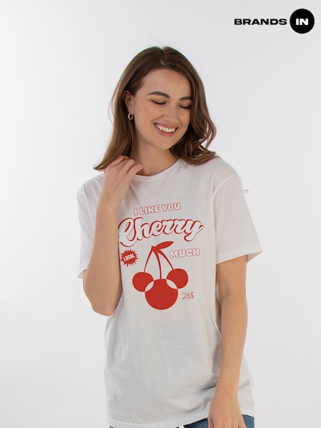 Brands In White Women Boyfriend Fit Disney Mickey Mouse Cherry Logo 100% Cotton T-Shirt (AA8840) | £25