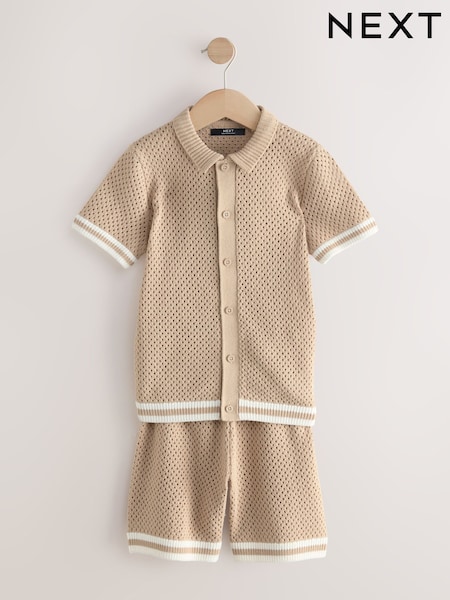 Neutral Textured Knitted Button Through Polo Shirt and Shorts Set (3-16yrs) (AA8945) | £24 - £28