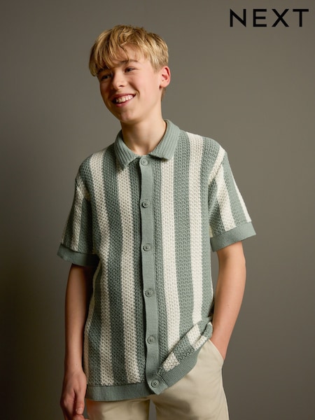 Green/Ecru Vertical Stripe Short Sleeve Button Through Knitted 100% Cotton Polo Shirt (3-16yrs) (AA8962) | £16 - £21