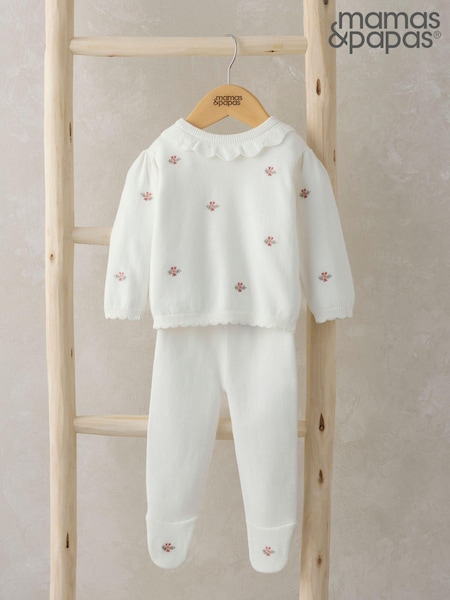 Mamas & Papas 100% Cotton Embroidered White Knit 2 Piece Set (AA9454) | £32