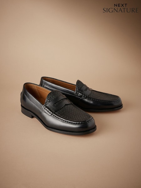Black Signature Leather Sole Woven Loafers (AA9487) | £95