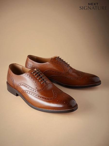 Tan Brown Standard Fit Signature Italian Leather Wingcap Brogue Shoes (AA9491) | £99