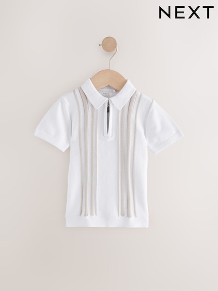 White Vertical Stripe 100% Cotton Knitted Zip Neck Polo Shirt (3mths-7yrs) (AA9495) | £13 - £15