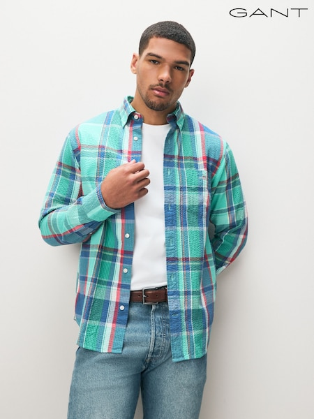 GANT Blue 100% Cotton Regular Fit Seersucker Madras Shirt (AA9561) | £100