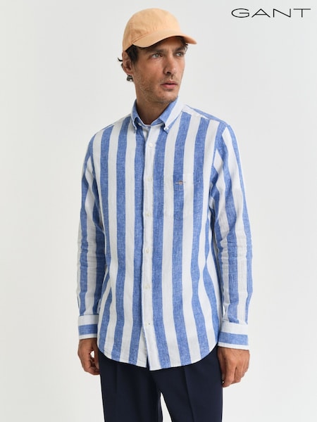GANT Blue Regular Fit Bold Stripe 100% Cotton Linen Shirt (AA9563) | £100