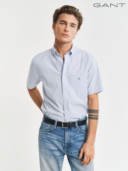 GANT Light Blue 100% Cotton Regular Fit Short Sleeve Micro Print Shirt (AA9570) | £95