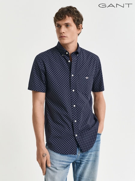 GANT Navy 100% Cotton Regular Fit Short Sleeve Micro Print Shirt (AA9579) | £95