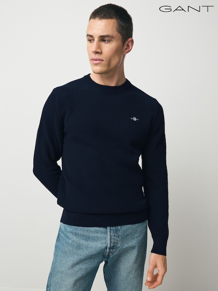 GANT Navy 100% Cotton Textured Crew Neck Jumper (AA9620) | £125