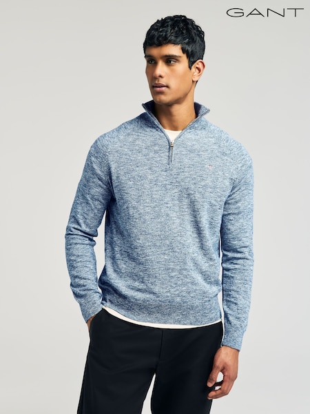 GANT Blue 100% Cotton Slubbed Finish Half Zip Jumper (AA9623) | £135