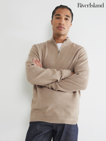 River Island Natural Waffle Quarter Zip Jumper (AA9933) | £32