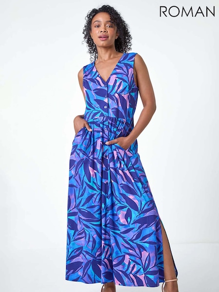 Roman Blue Petite Abstract Pocket Stretch Maxi Dress (AA9943) | £48