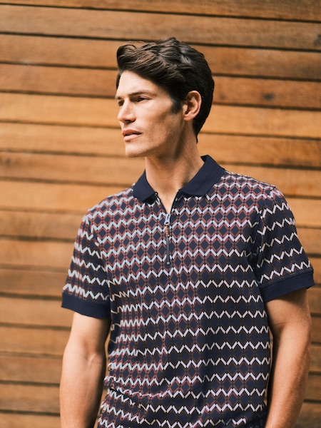 Ten Paces Navy Knitted Jacquard Regular Fit Zip neck Polo Shirt (AA9997) | £49