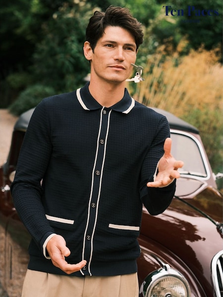 Ten Paces Navy Textured Button Through 100% Cotton Regular Fit Polo Shirt (AA9999) | £62