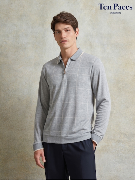 Ten Paces Grey Check Knitted Zip Neck Long Sleeve Polo Shirt (AB1000) | £57