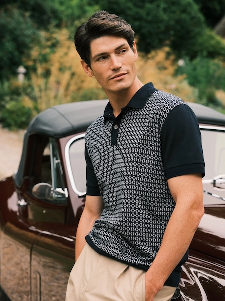 Ten Paces Navy Jacquard Knitted Regular Fit Polo Shirt (AB1002) | £42