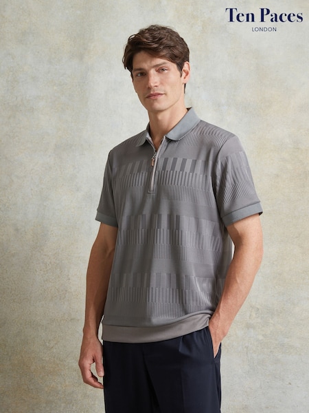 Ten Paces Grey Knitted Textured Zip Neck Regular Fit Polo Shirt (AB1003) | £52
