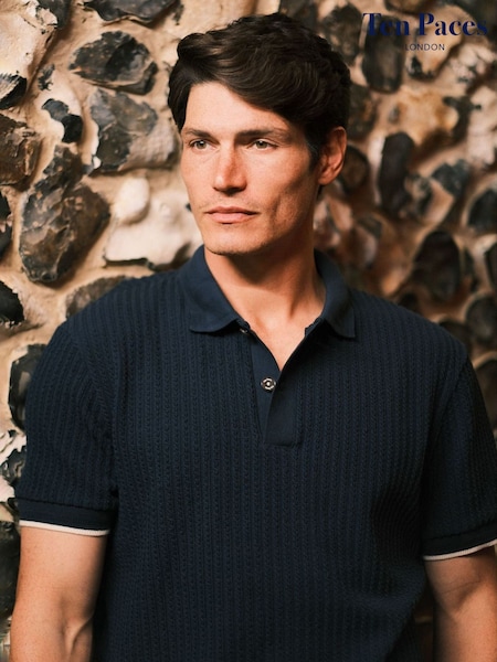 Ten Paces Navy Cable Fine Knitted Regular Fit Polo Shirt (AB1004) | £49