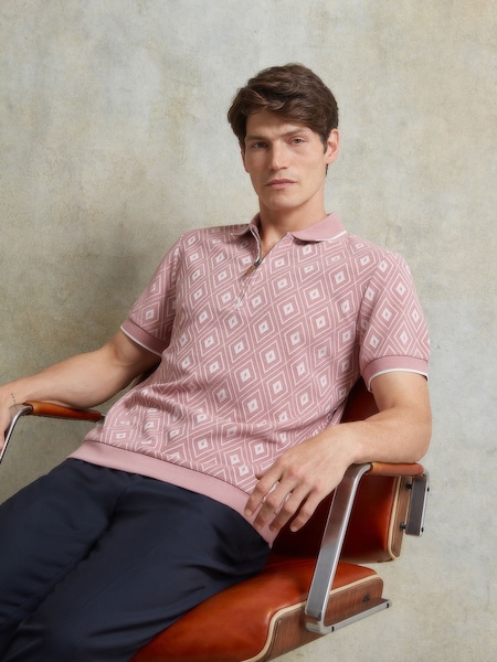 Ten Paces Pink Knitted Jacquard Zip Neck Regular Fit Polo Shirt (AB1005) | £50