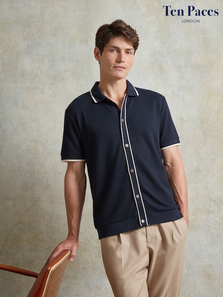 Ten Paces Navy Textured Button Through 100% Cotton Regular Fit Short Sleeve Polo Shirt (AB1006) | £52