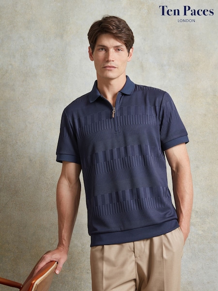 Ten Paces Navy Textured Zip Neck Regular Fit Polo Shirt (AB1007) | £52