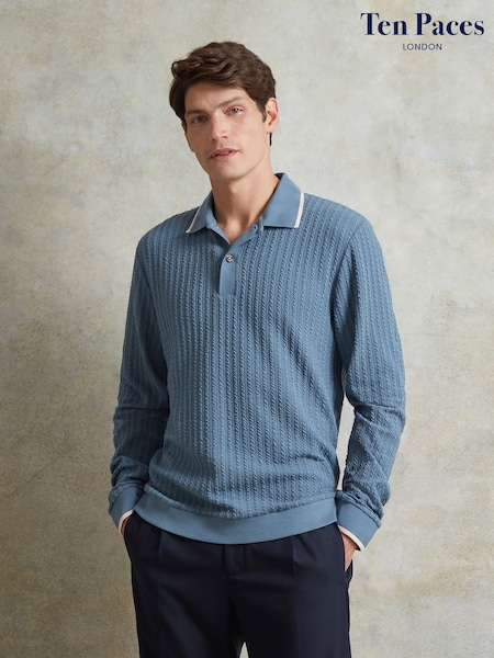 Ten Paces Blue Cable Rib Smart Regular Fit Polo Shirt (AB1020) | £59
