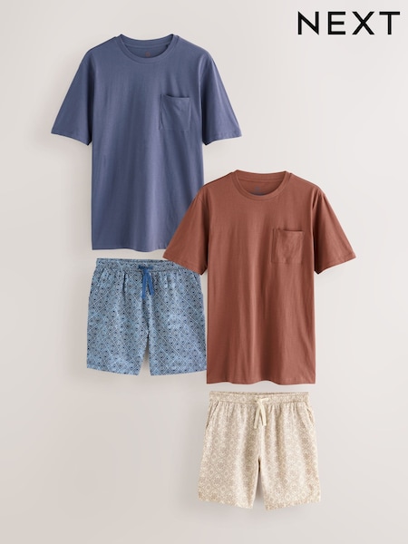 Patterned Rust Brown Woven Short Pyjamas Set 2 Pack (AB1243) | £46