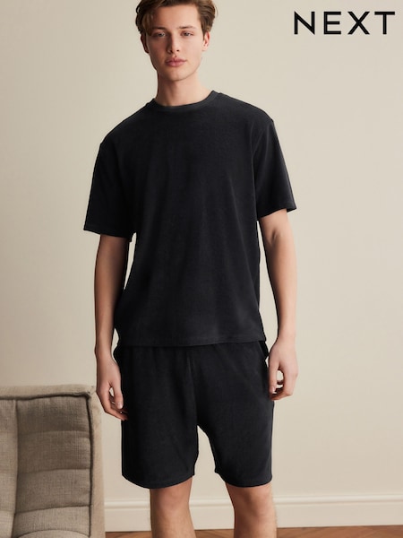 Black Towelling Loungewear Shorts Co-ord Set (AB1261) | £32