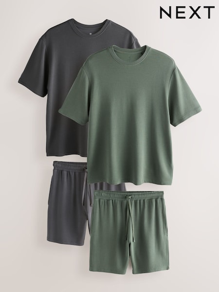 Slate Grey/Green Ottoman Ribbed Modal Short Pyjamas Set 2 Pack (AB1268) | £72