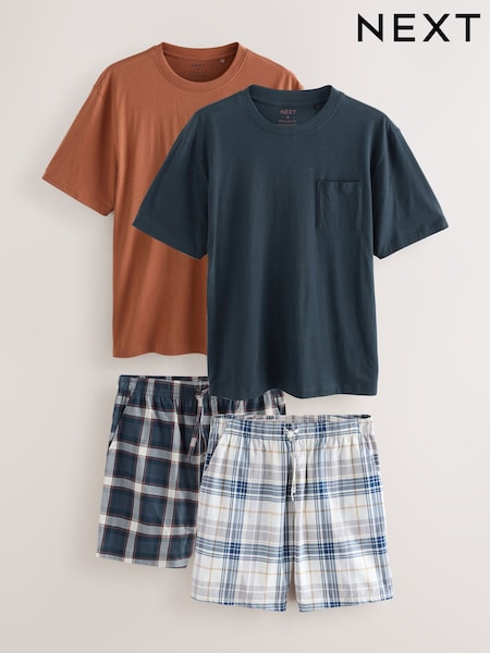 Navy Blue/Orange Check Woven Short Pyjamas Set 2 Pack (AB1271) | £42