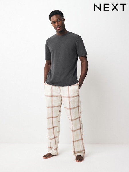 Neutral/Black Woven Check Short Sleeve 100% Cotton Pyjamas Set (AB1283) | £32
