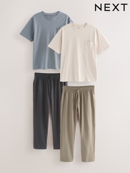 Neutral Brown/Blue Jersey Long 100% Cottton Pyjamas Set 2 Pack (AB1286) | £42