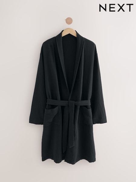 Black 100% Cotton Cheesecloth Dressing Gown Robe (AB1292) | £36