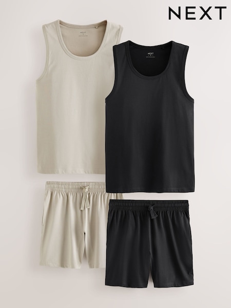 Neutral Stone/Black Jersey Vest Pyjamas Short Set 2 Pack (AB1293) | £36