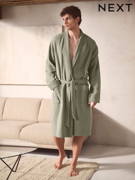 Sage Green 100% Cotton Cheesecloth Dressing Gown Robe (AB1401) | £36