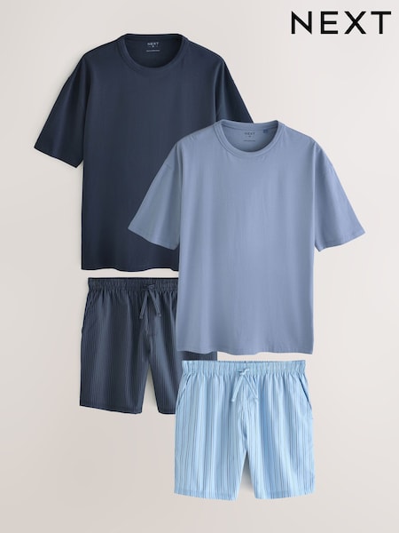 Navy Blue Stripe Woven Short Pyjamas Set 2 Pack (AB1411) | £46