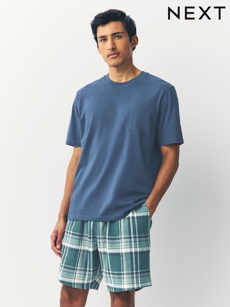 Teal Blue Woven Check Short Pyjamas Set (AB1414) | £26