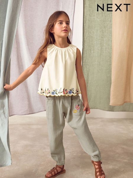 Khaki Green 100% Cotton Embroidered Top and Trousers Set (3-16yrs) (AB1570) | £32 - £37