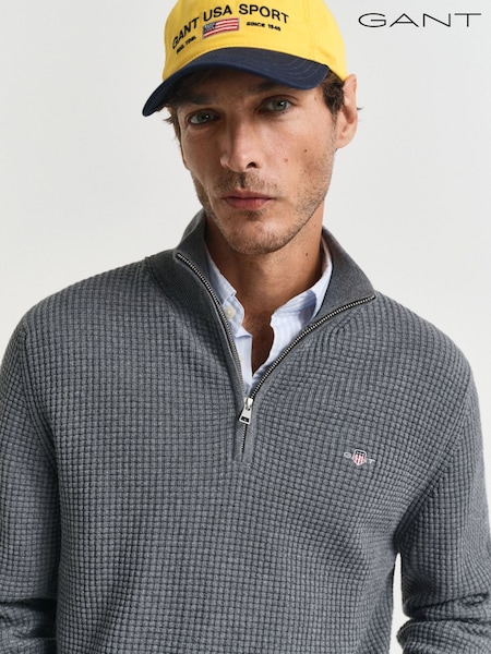 GANT Grey Textured 100% Cotton Half Zip Jumper (AB1614) | £125