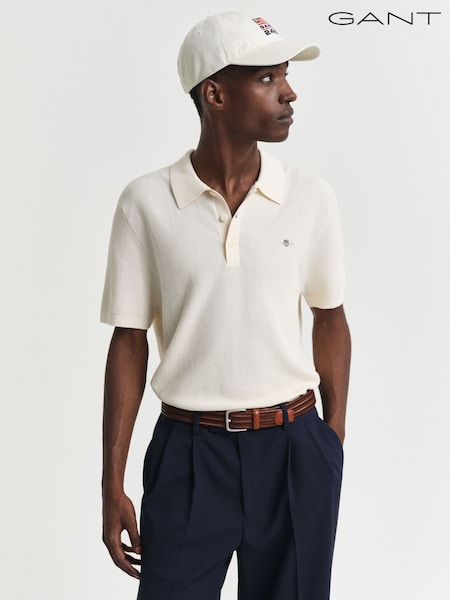 GANT Cream 100% Cotton Short Sleeve Micro Textured Polo Shirt (AB1674) | £120