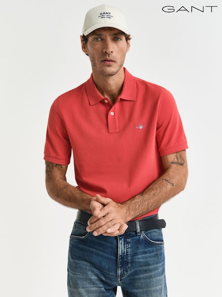 GANT Red Regular Short Sleeve Shield Logo Pique 100% Cotton Polo Shirt (AB1688) | £79