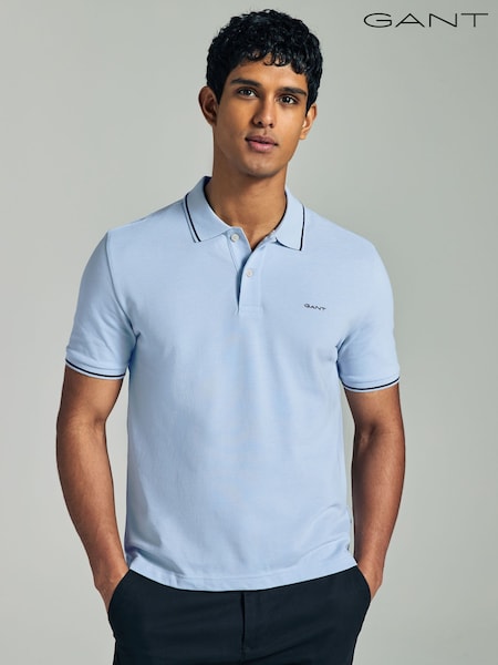 GANT Mid Blue Tipped Collar Pique Polo Shirt (AB1694) | £70